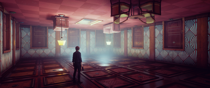 Jesse Faden from Control in a surreal room