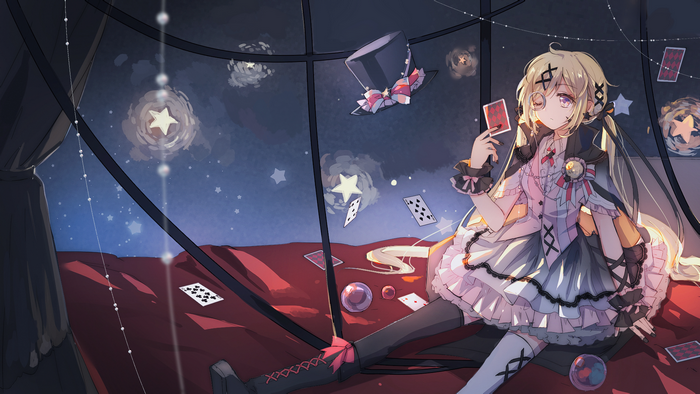 Anime girl with blonde hair playing cards