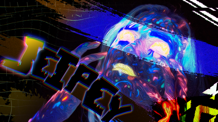 Abstract digital art with glowing yellow eyes