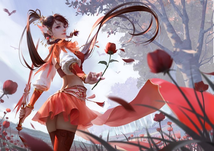 Anime girl with sword and rose in a field