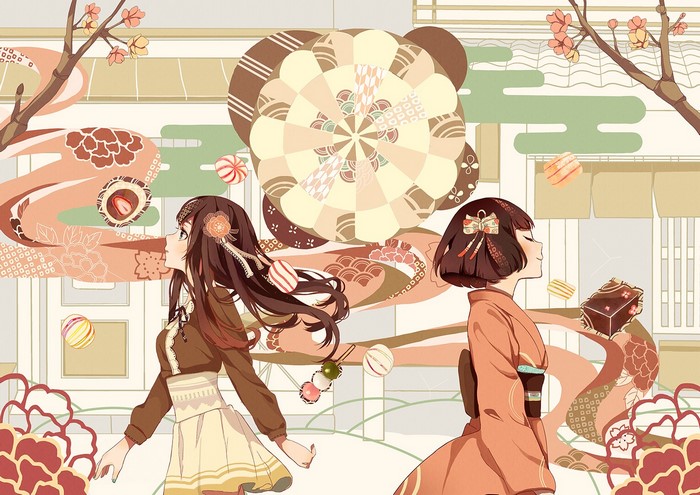 Two anime girls in Japanese clothes with sweets