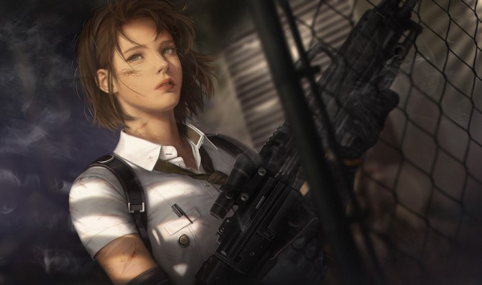 Woman holding a rifle behind a fence
