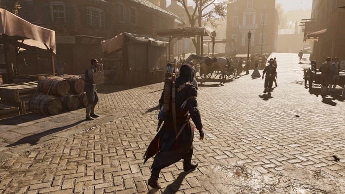 Connor Kenway from Assassin's Creed III in a town square