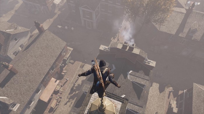 Connor Kenway from Assassin's Creed III performing a leap of faith