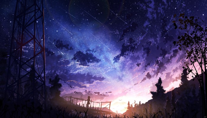 Anime landscape with stars and meteors