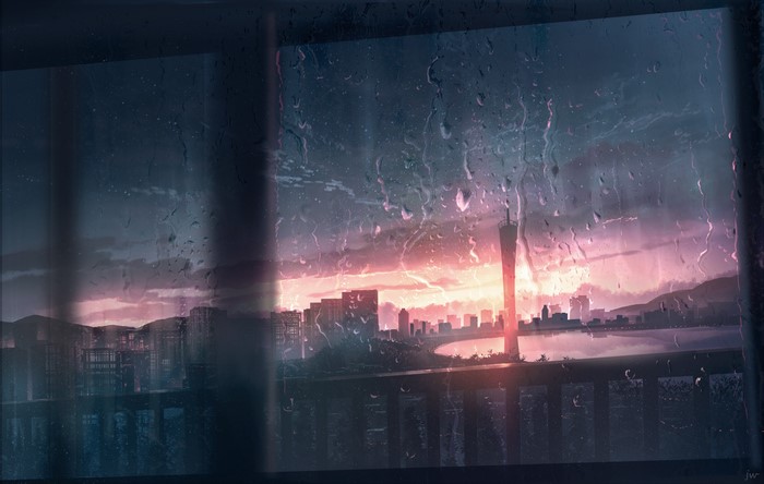 anime, rain, sunset, HuashiJW, cityscape, window ledge, sky, HD ...