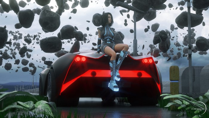 Woman in futuristic outfit sitting on a car with floating rocks