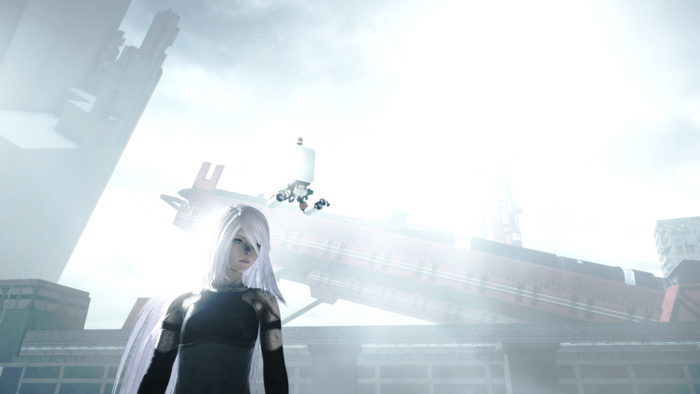 A2 from Nier: Automata in a post-apocalyptic city