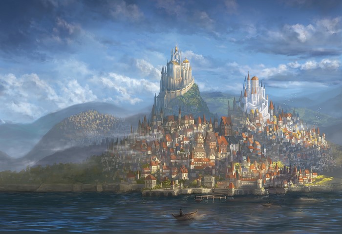 Fantasy city with castles on a hill by the water