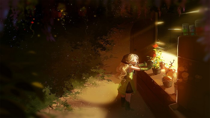 Elf girl tending to plants in sunlight
