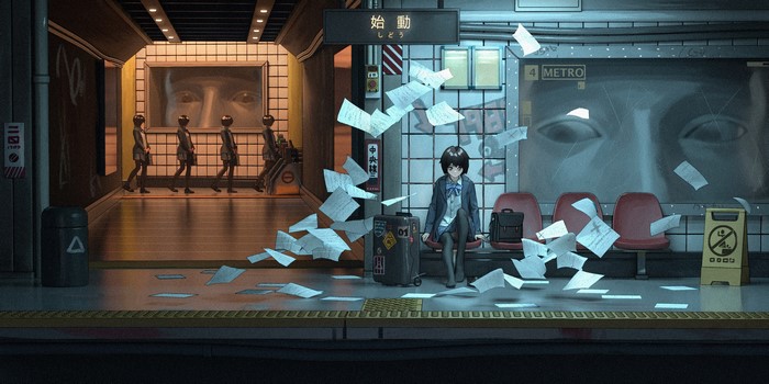 Girl in school uniform at a metro station with floating papers