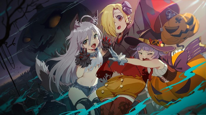 Anime girls in Halloween costumes with Jack O Lanterns
