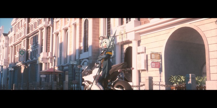 Grani from Arknights on a motorcycle in a city