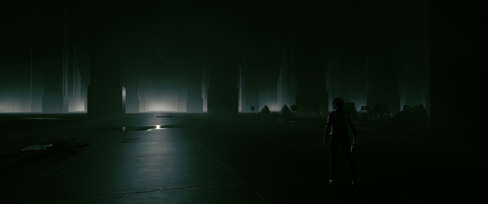 Jesse Faden from Control in a dark, foggy environment