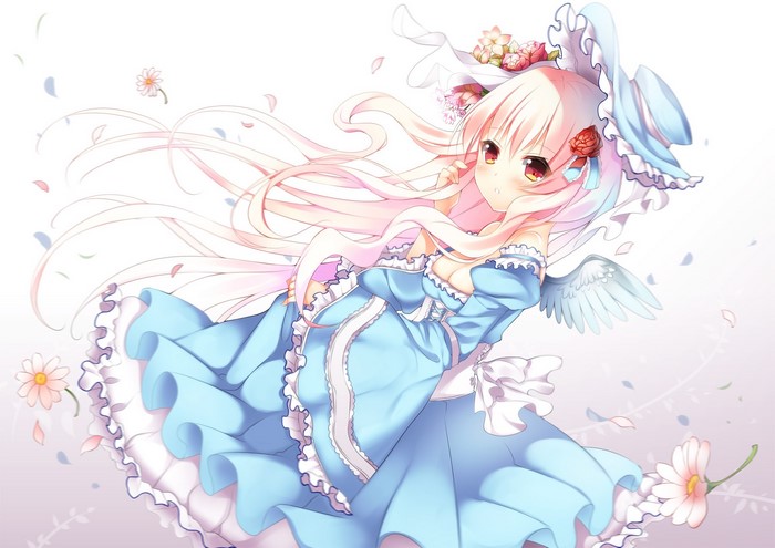 Anime girl with pink hair, blue dress, wings, and flowers