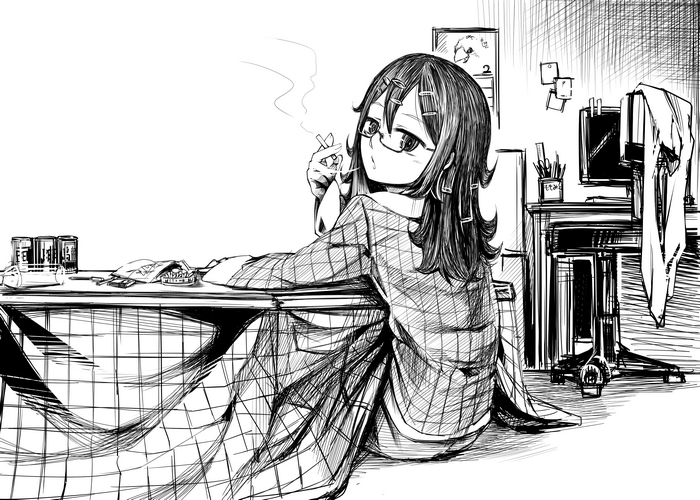 Anime girl with glasses smoking at a desk
