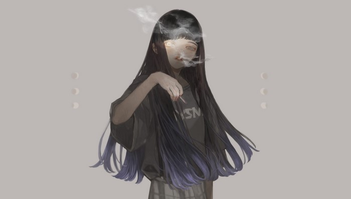 Anime girl with long dark hair smoking