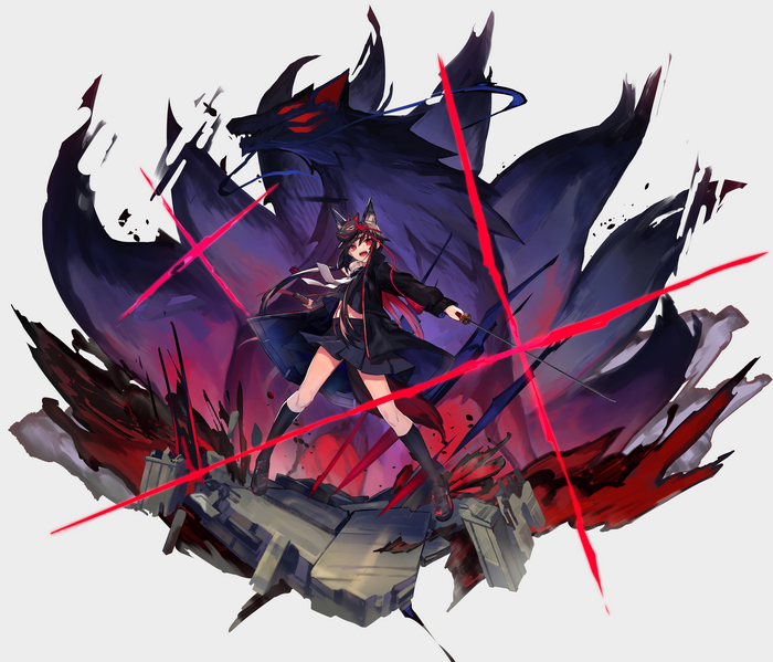 Anime fox girl with katana and wolf spirit
