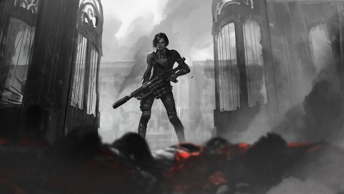Woman with large gun in ruins