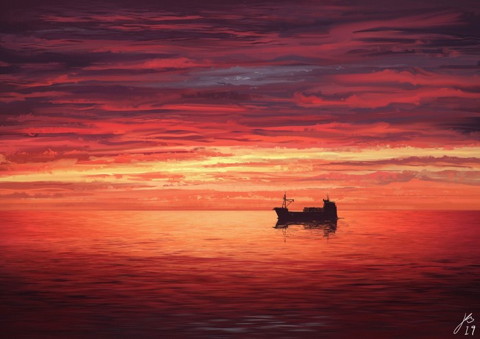 Digital painting of a cargo ship at sunset over the red sea