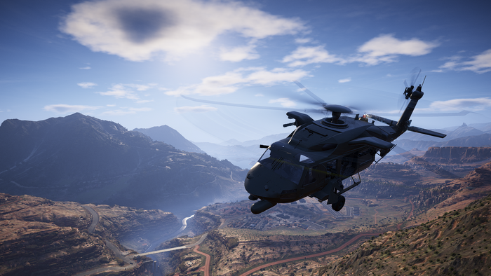 Helicopter flying over mountains in Tom Clancy's Ghost Recon Wildlands