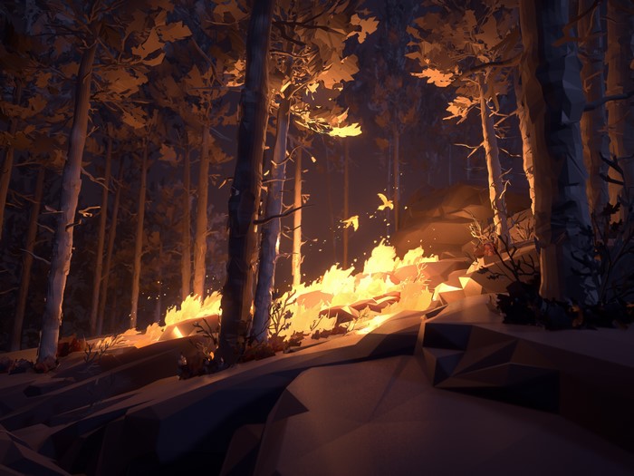 Forest fire with birds flying, concept art