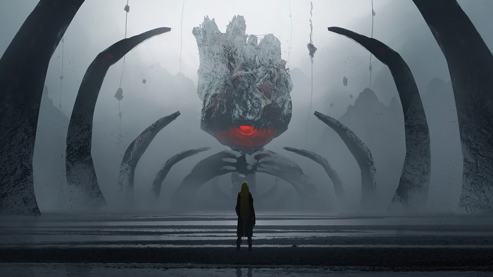 Girl in a desolate landscape with giant bones and a glowing eye