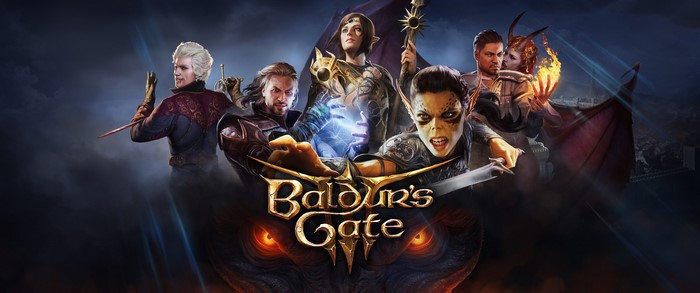 Baldur's Gate 3 Characters with Logo