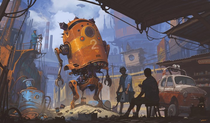 Science fiction scene with robot, people, and vehicle