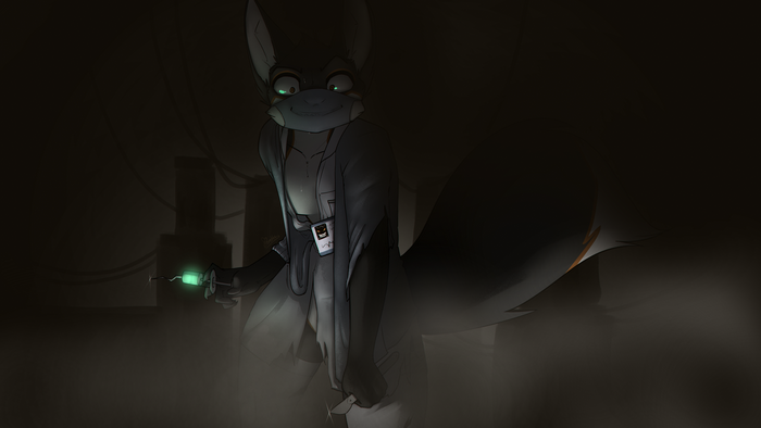 Anthro scientist holding a syringe in a dark room
