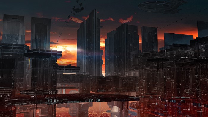 4K Futuristic Cityscape at Sunset