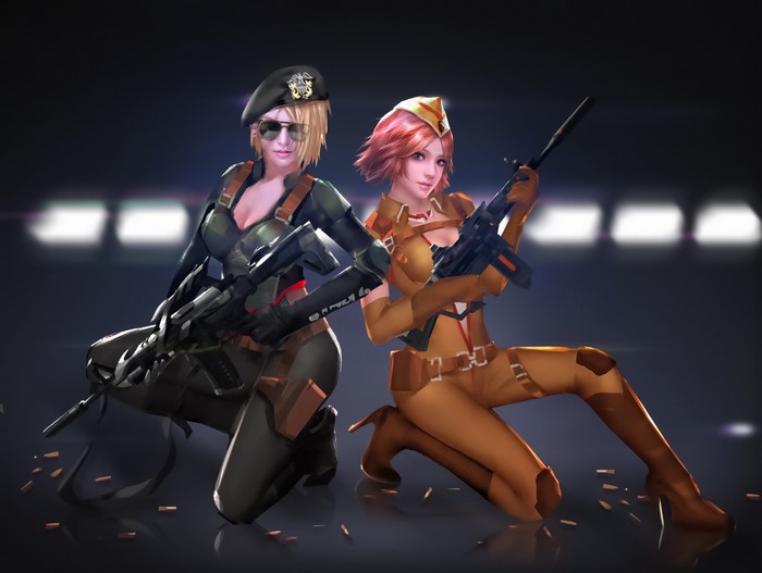 Two women in military outfits with assault rifles