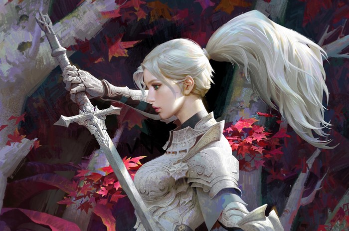 Fantasy knight with silver hair and sword in autumn forest