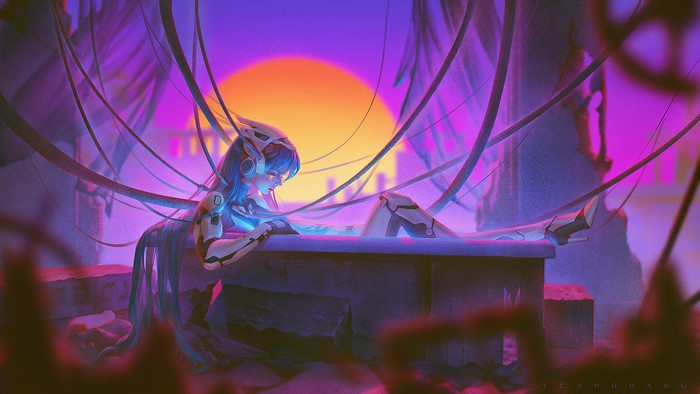 Cyberpunk girl with blue hair and robotic limbs