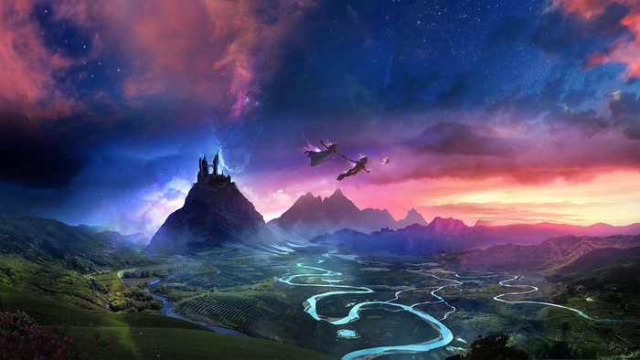 Peter Pan and Wendy flying over Neverland