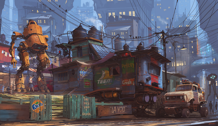 Futuristic city with a large robot and vehicles