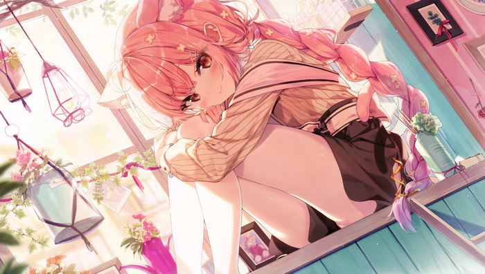 Pink-haired cat girl with braids sitting by a window