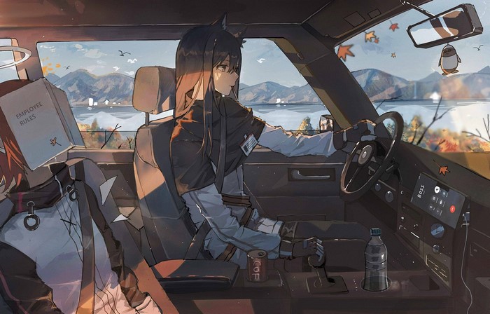 Texas and Exusiai from Arknights in a car