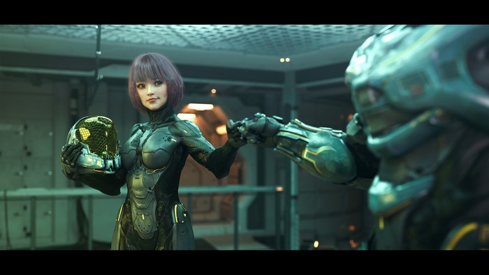 Woman in sci-fi suit holding helmet with armored figure