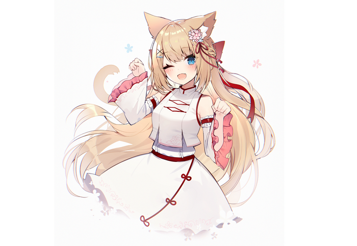 Cat girl with blonde hair and blue eyes in Chinese dress