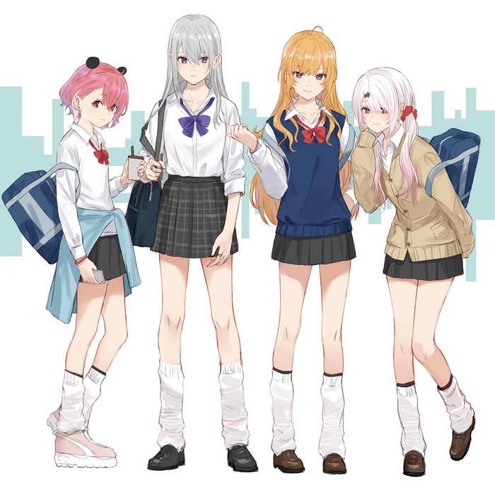 Four anime girls in school uniforms with bags