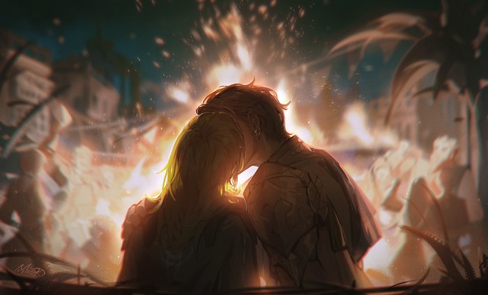 Couple kissing in front of a fire