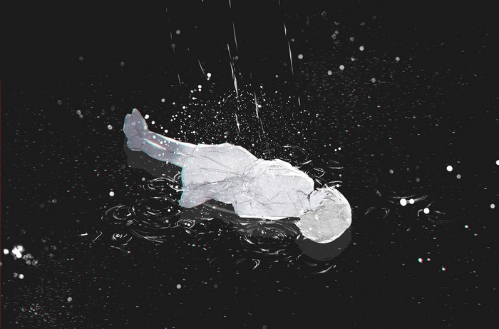 Girl lying in water with rain and stars