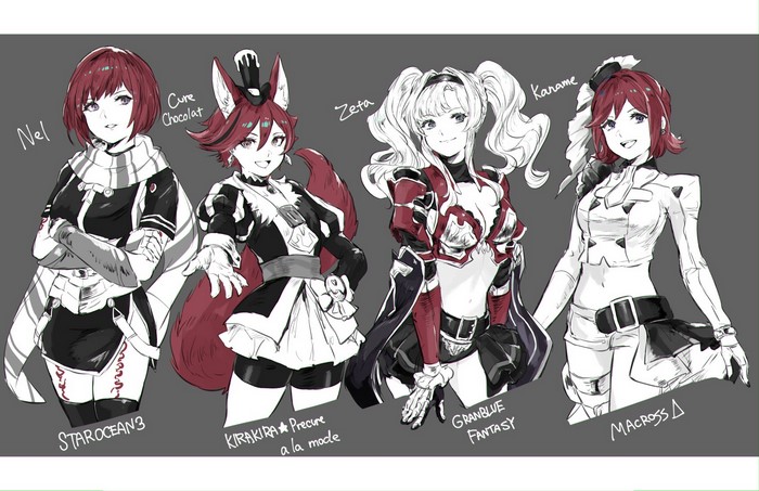 Nel from Star Ocean, Cure Chocolat from Kirakira☆Precure A La Mode, Zeta and Kaname from Granblue Fantasy and Macross Delta