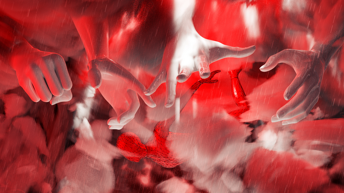 Hands reaching through red clouds and rain