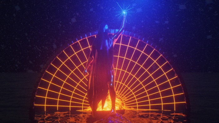 Figure holding a star in front of a glowing portal