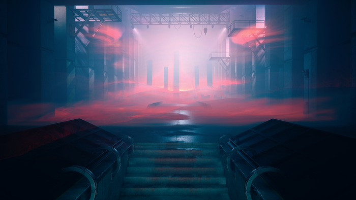 Surreal industrial interior with red mist