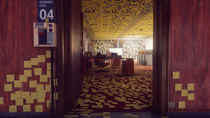 Office covered in post-it notes in Control