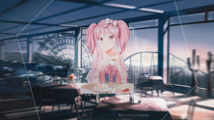 Anime girl with pink hair drinking tea in a cafe