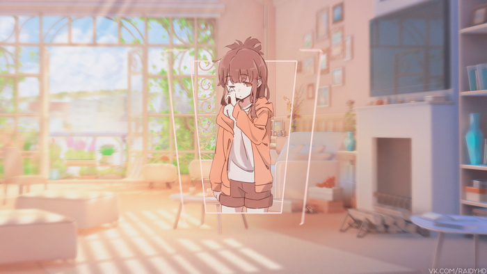 Anime girl in orange hoodie in a room